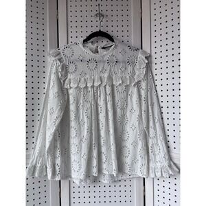 Zara Woman‎ M White Ruffle Eyelet Boho Long SLV Top Shirt Blouse
